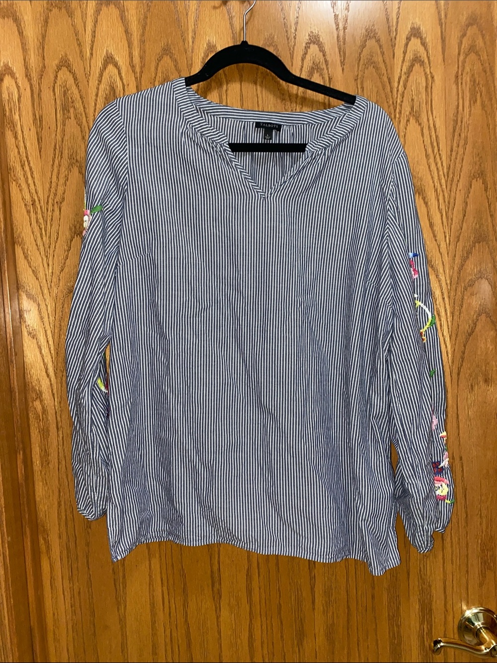 Talbots Navy and White Pinstripe Blouse with Floral Sleeve Embroidery